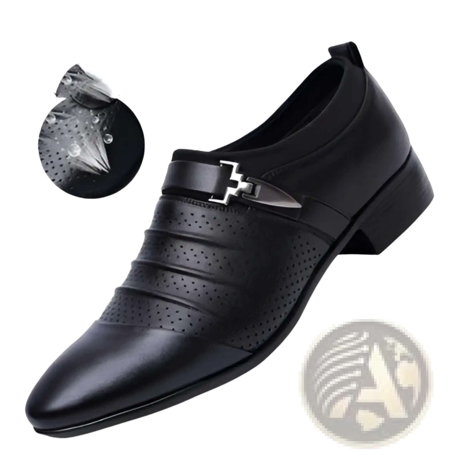 Black leather men’s dress shoe with perforated detailing and silver-toned buckle for formal wear