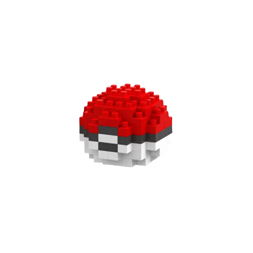A 4cm red white and gray pixelated pokémon poké ball built from interlocking plastic bricks lego compatible toy set