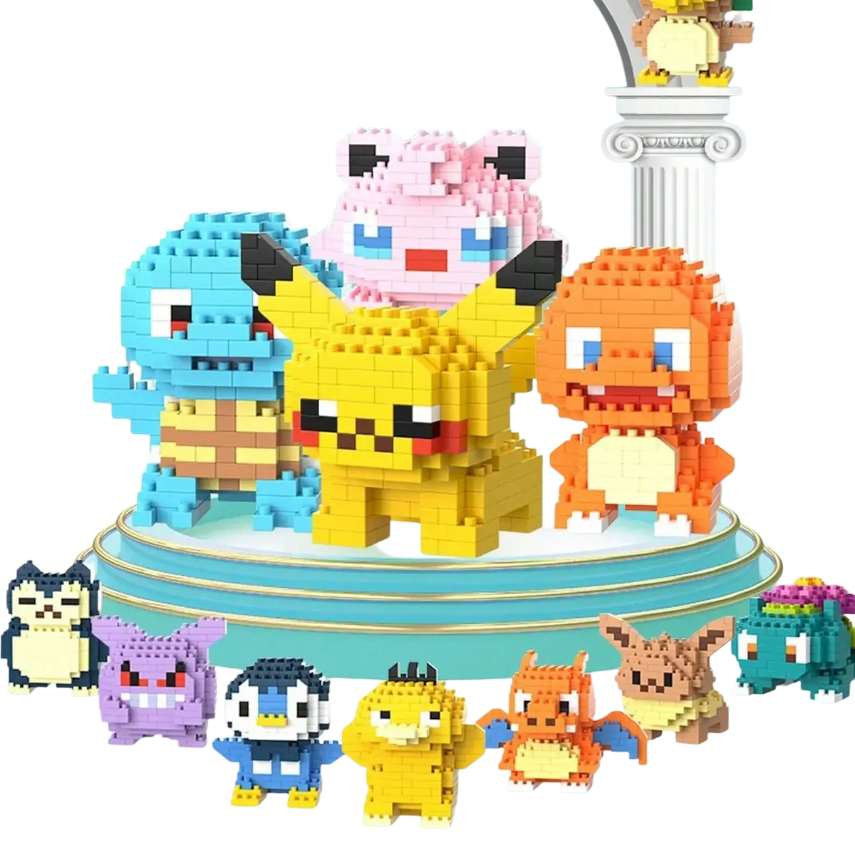 A collection of colorful pixelated Pokémon figures made from lego compatible interlocking plastic building blocks