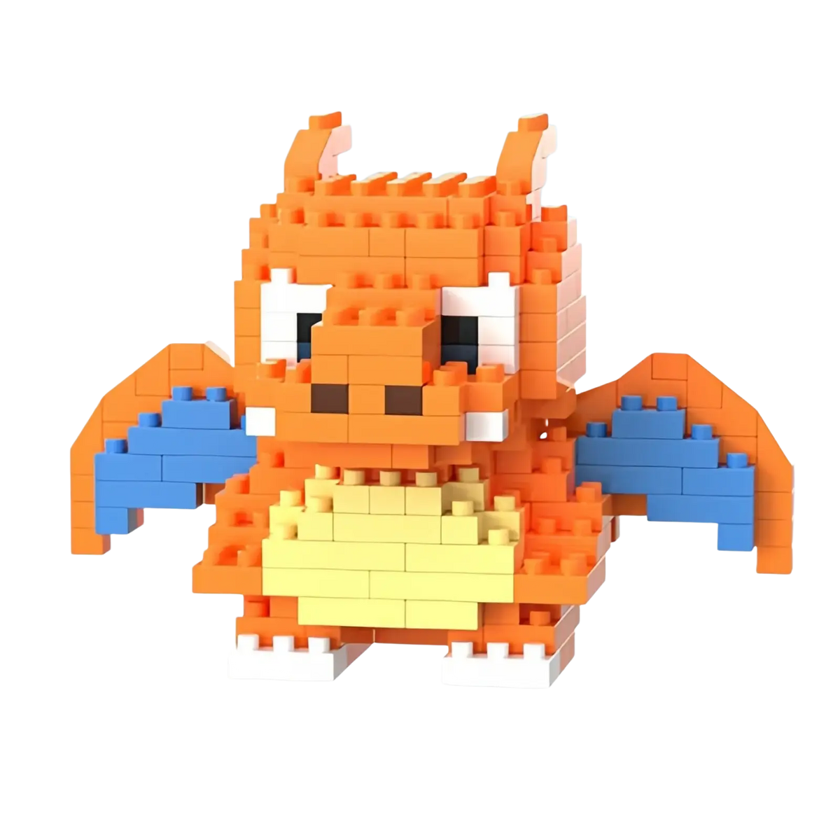 Orange and blue Charizard made of 302 interlocking plastic building blocks in a Pokemon building block toy set Lego compatible