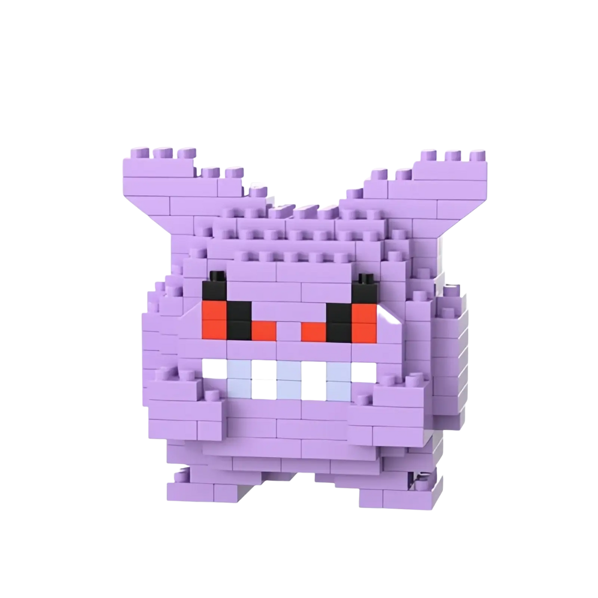 A purple pixelated gengar figure built from 310 small plastic bricks in a pokemon building block toy set lego compatible