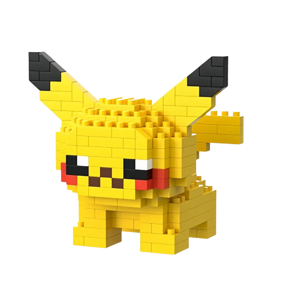 Yellow pikachu made from 306 interlocking plastic bricks with black tipped ears and red cheeks in pokemon building block toy set