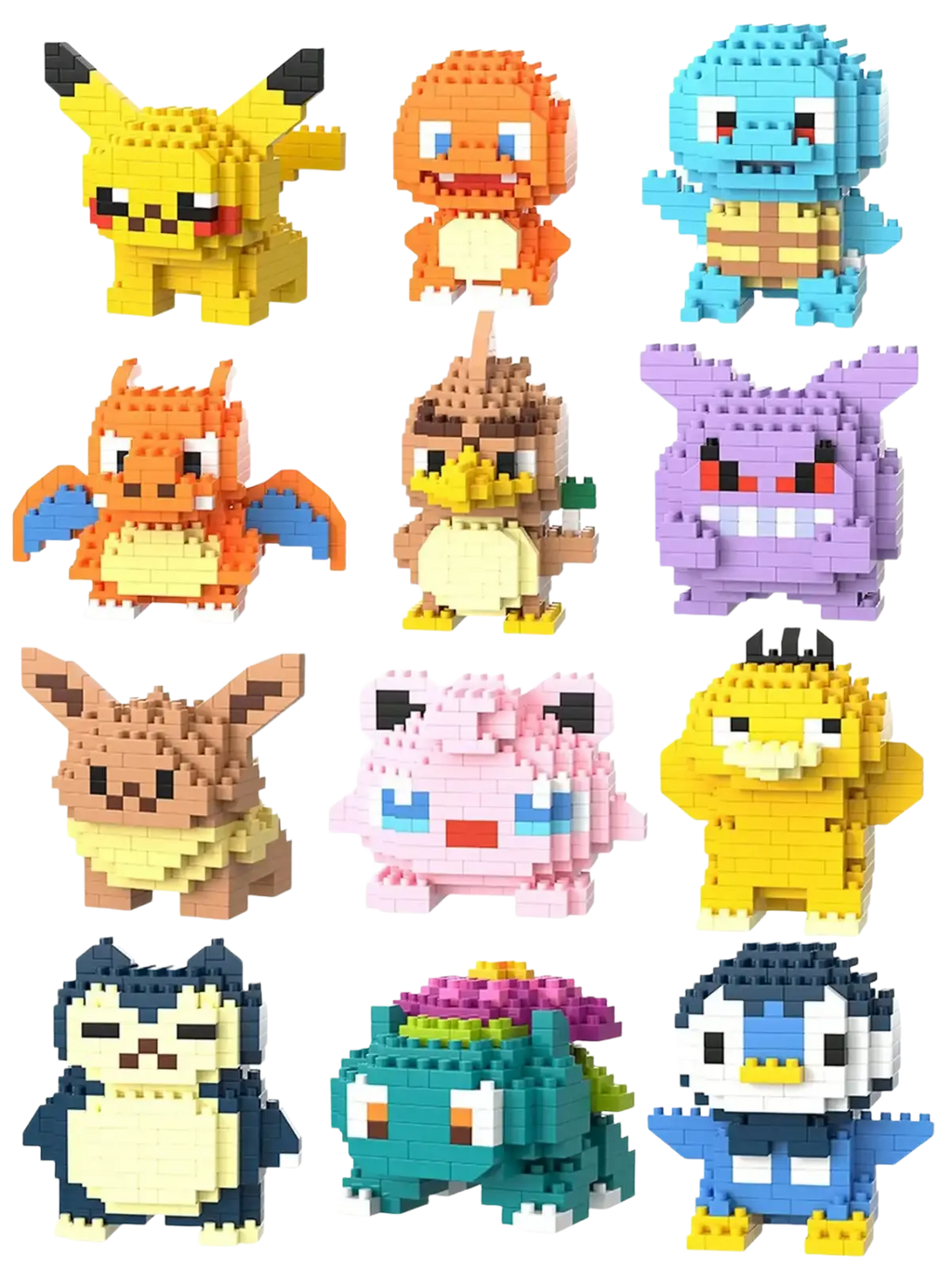 A collection of colorful pixelated pokémon figures made from interlocking plastic bricks in a micro building block set