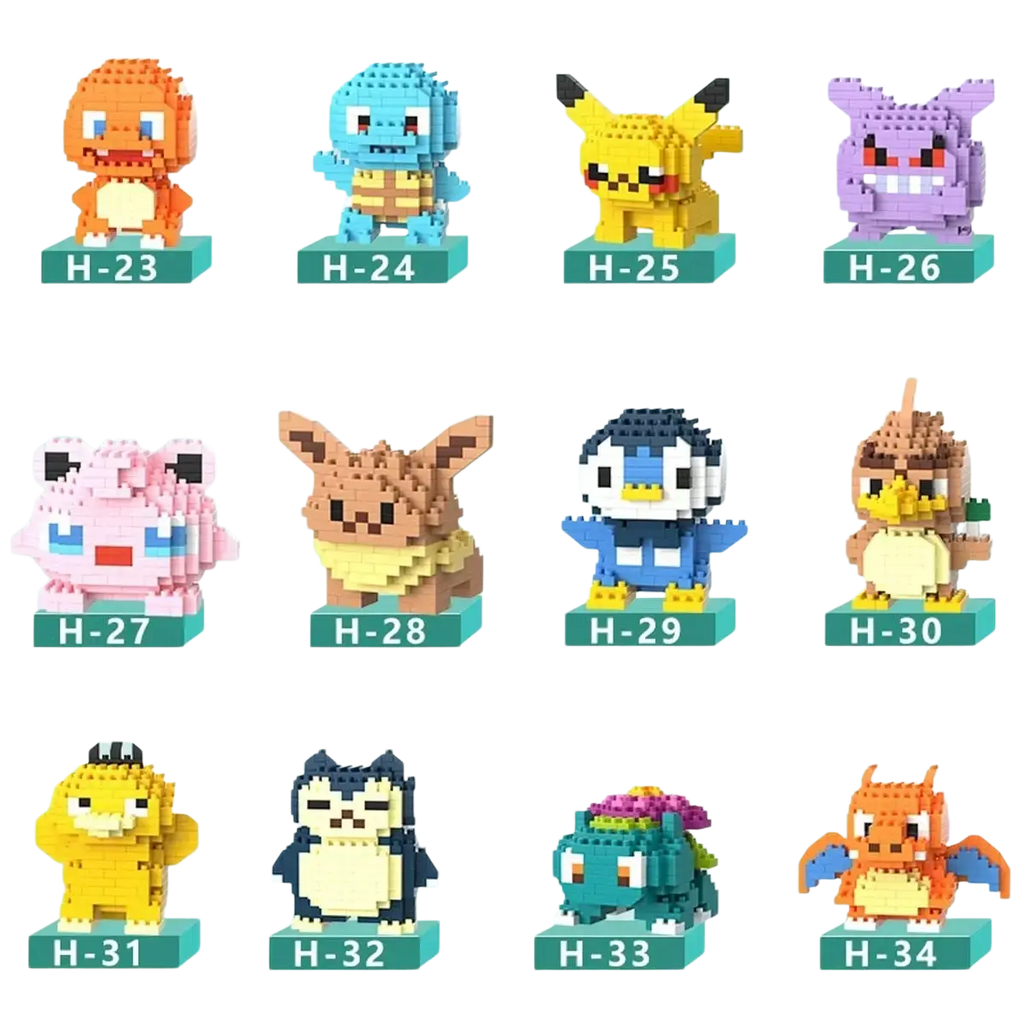 A collection of colorful pixelated Pokémon micro building block figures made from interlocking plastic bricks