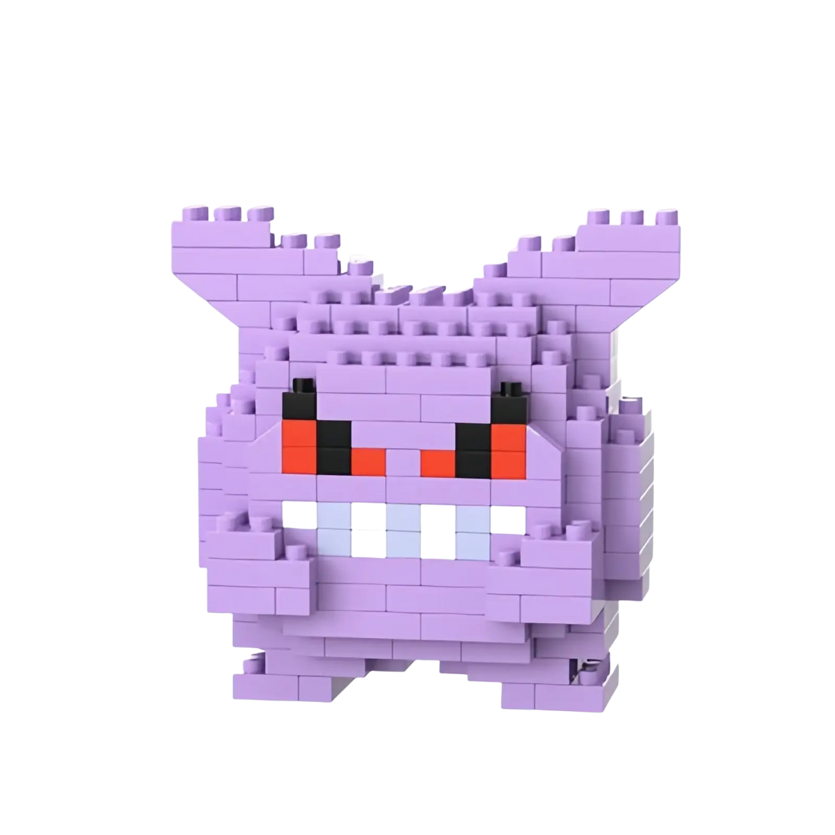 A purple pixelated gengar figurine made of interlocking plastic bricks from the Pokemon micro building block figures set