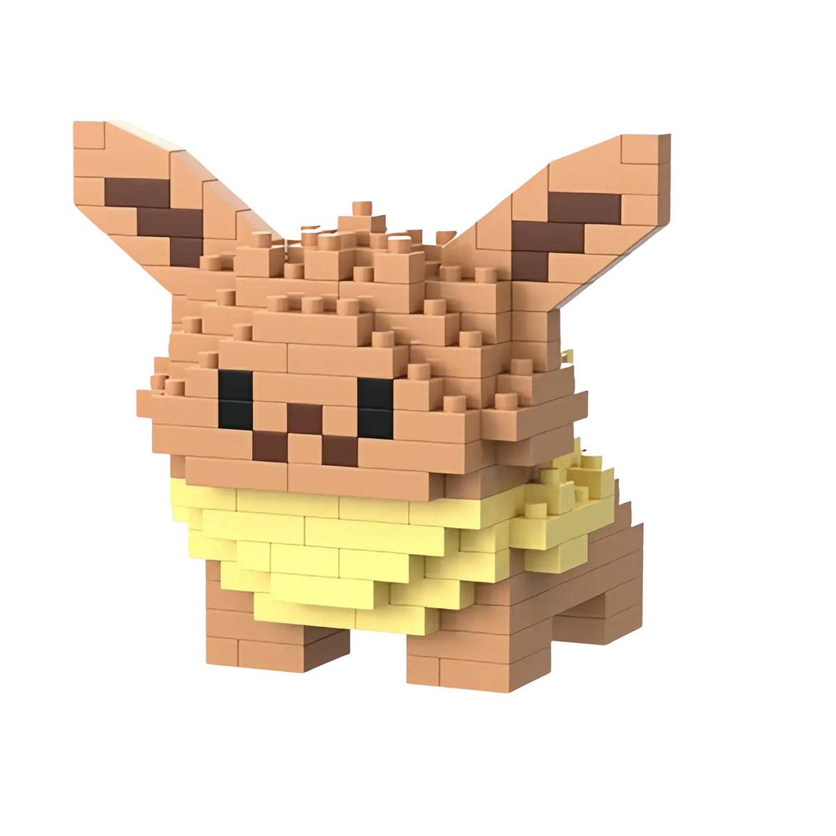 A tan and yellow pixelated Eevee built from interlocking plastic bricks in the Pokemon micro building block figures set