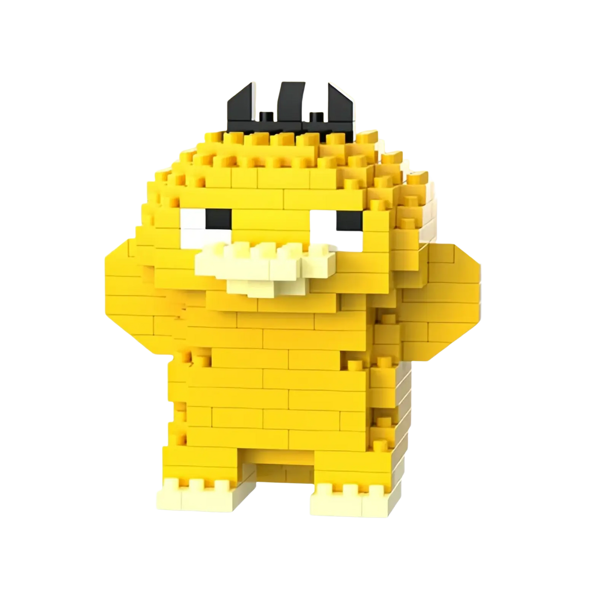 A yellow pixelated Pikachu figure made from interlocking plastic bricks with black and white details from Pokemon micro building block figures set
