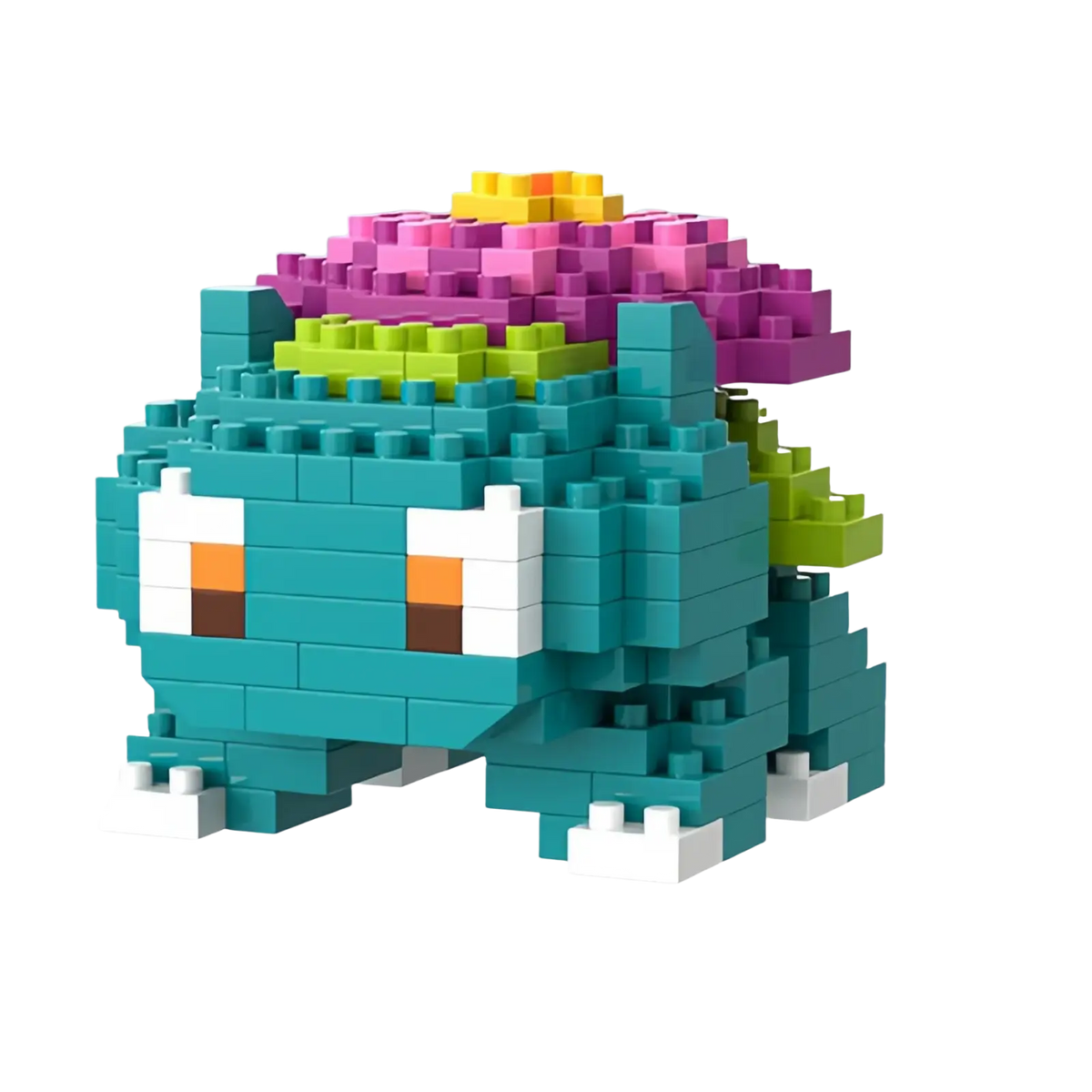 A colorful pixelated bulbasaur from Pokemon micro building block figures set with teal body and pink yellow leaf top
