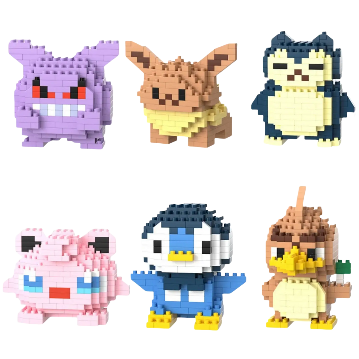 Six colorful pixelated pokémon figures made from interlocking plastic building blocks in a micro building set