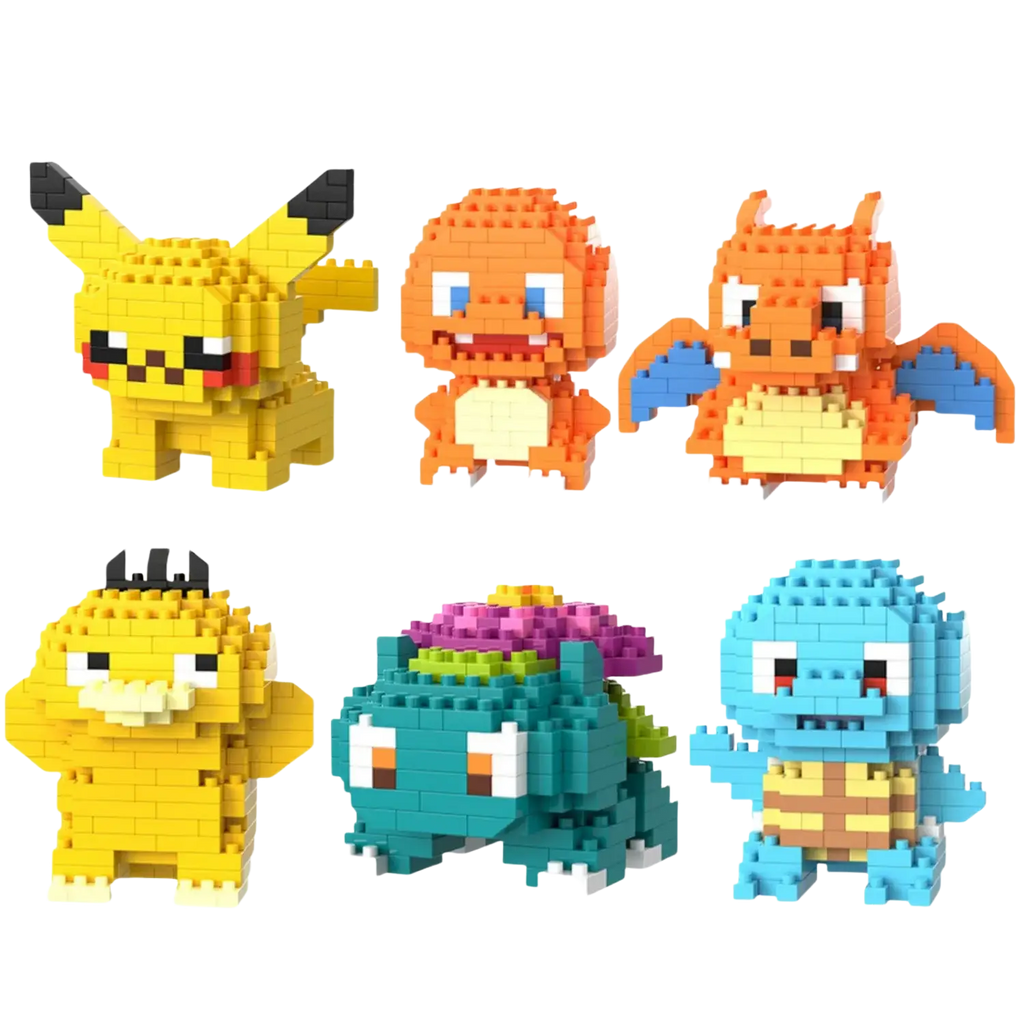 Set of six colorful Pokémon micro building block figures constructed from interlocking plastic bricks