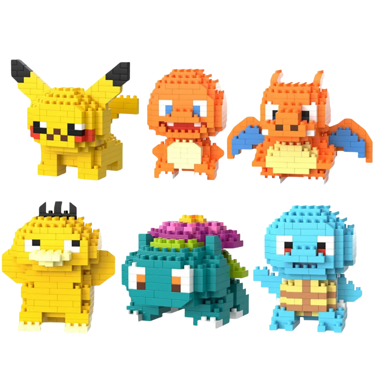 Set of six colorful Pokémon micro building block figures constructed from interlocking plastic bricks