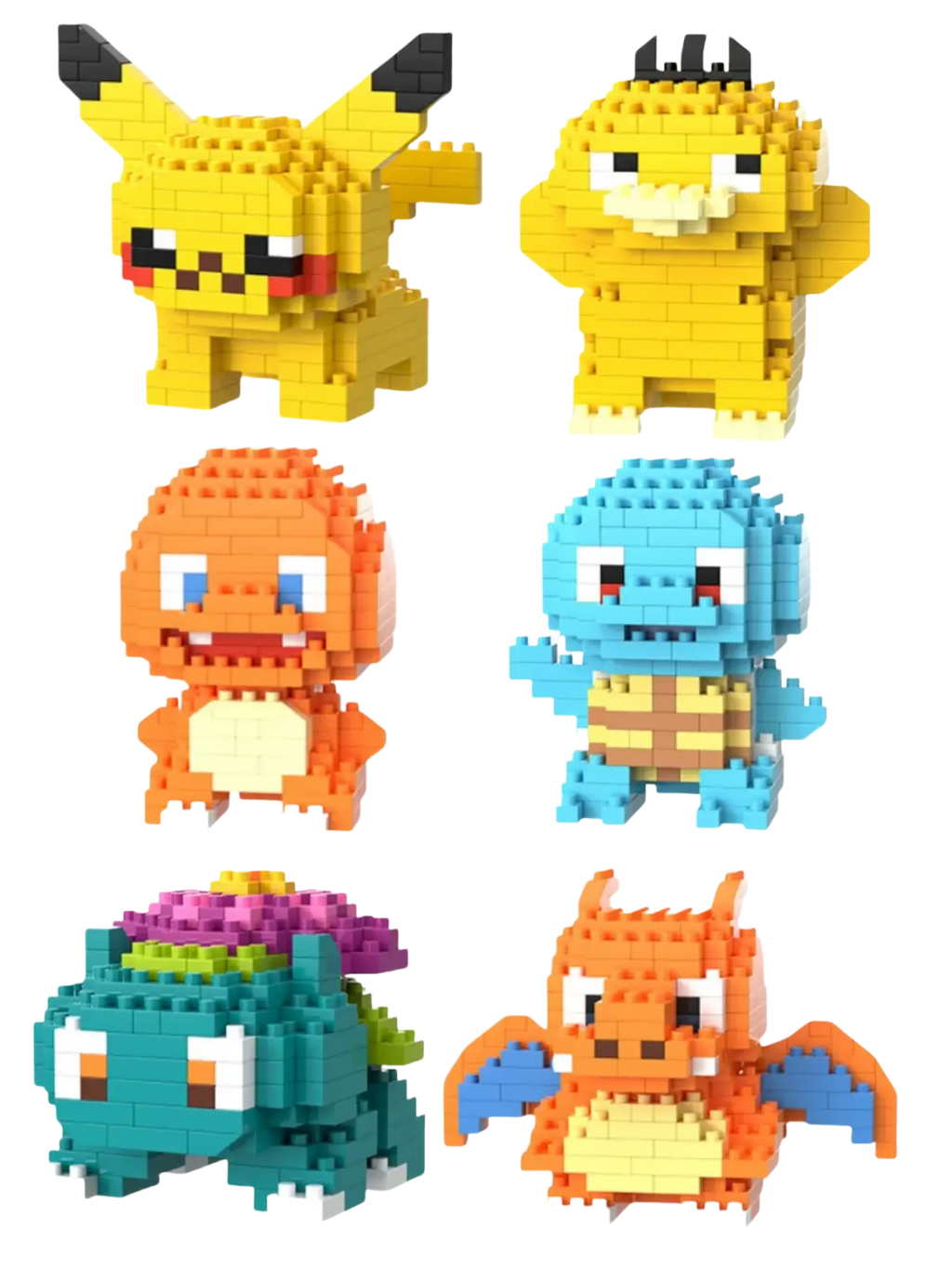 Yellow pikachu micro building block figure made of interlocking plastic bricks from Pokemon set viewed from the back side