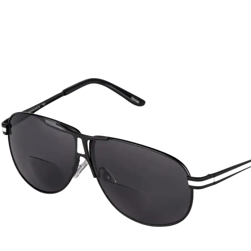 Polarized bifocal aviator reading sunglasses with black frame, dark gray lenses, and white accent stripes on temples