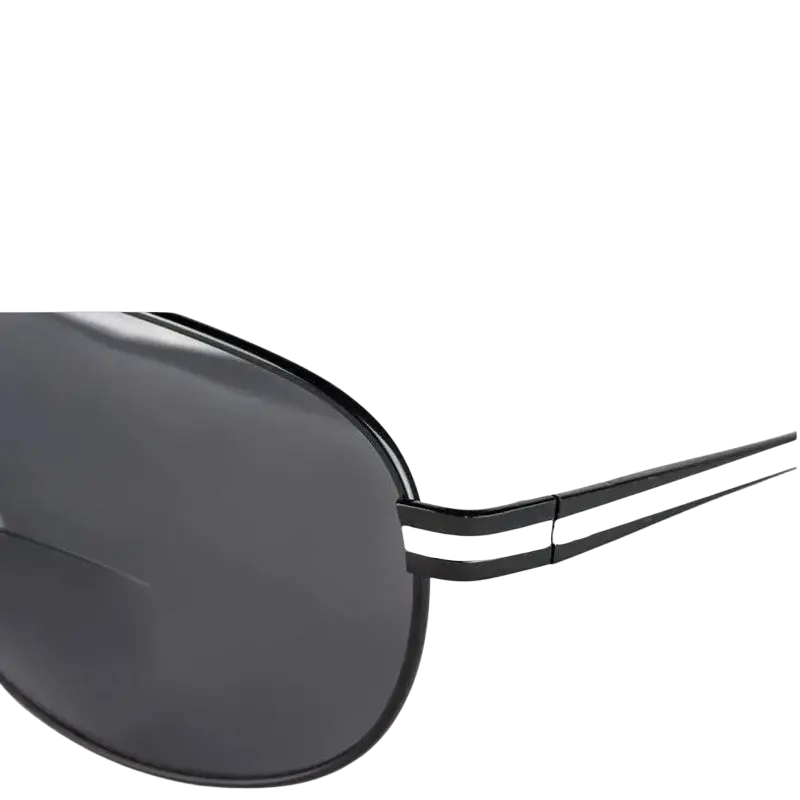 Polarized bifocal aviator reading sunglasses with black frames dark gray lenses and two white stripes on temples