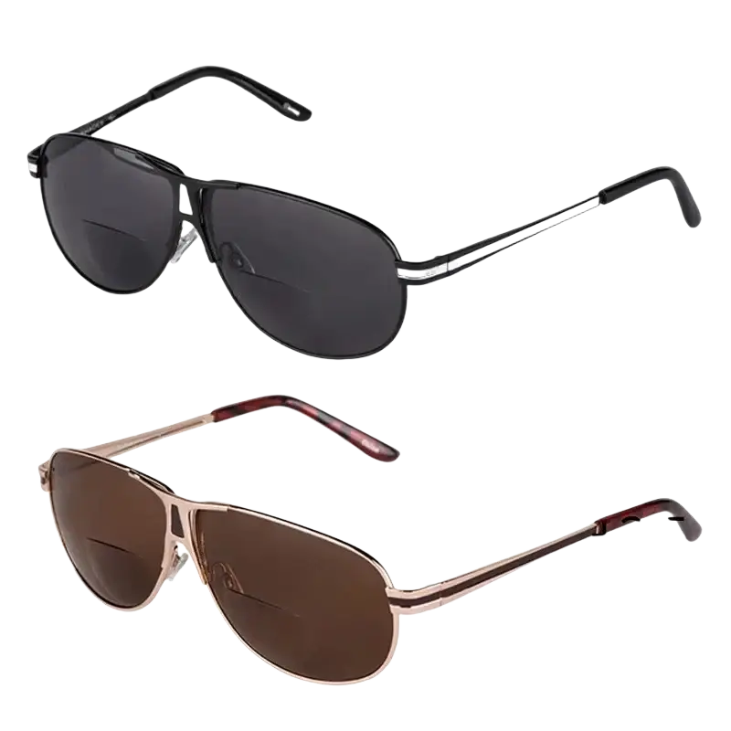 Polarized bifocal aviator reading sunglasses with black and rose gold metal frame and dark lenses for stylish vision