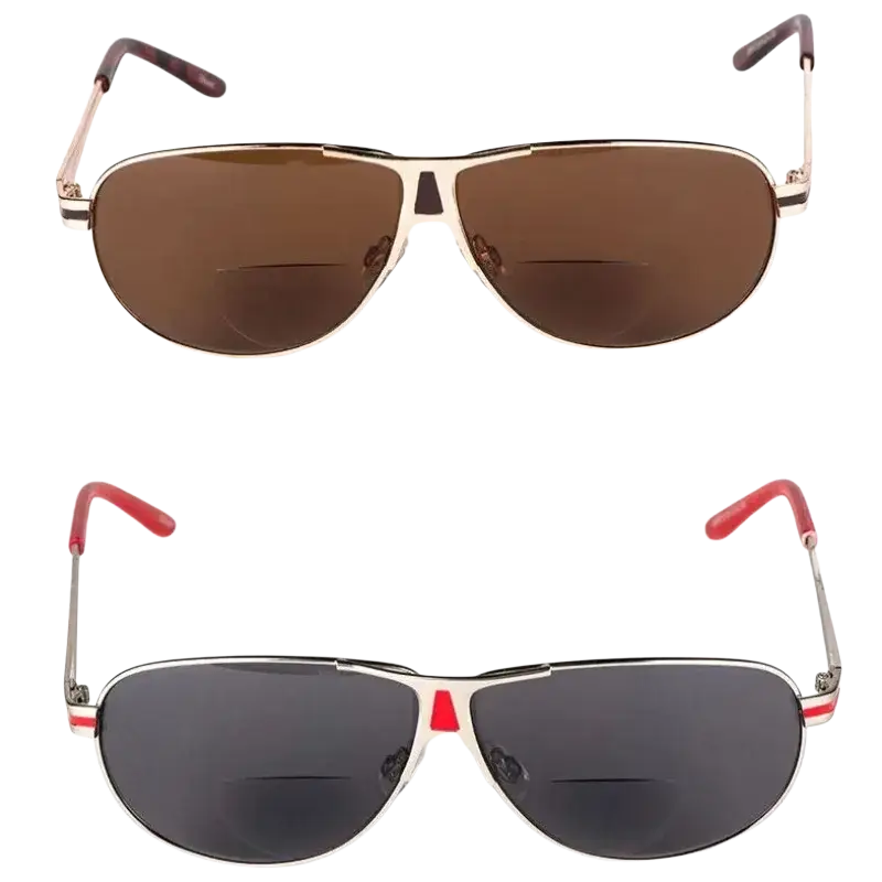 Polarized bifocal aviator reading sunglasses with gold and silver metal frames, brown and dark gray lenses, and red temple accents