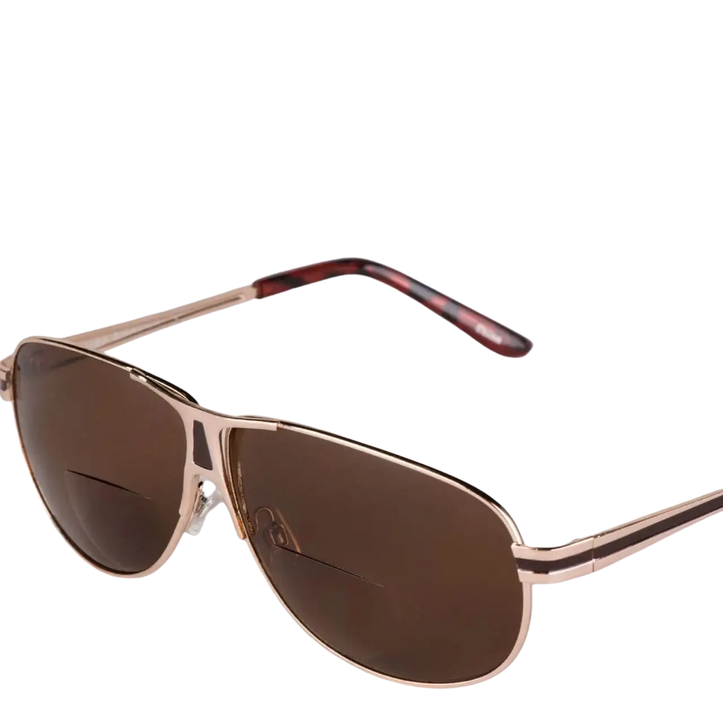 Polarized bifocal aviator reading sunglasses with rose gold frame brown lenses and tortoiseshell temple tips