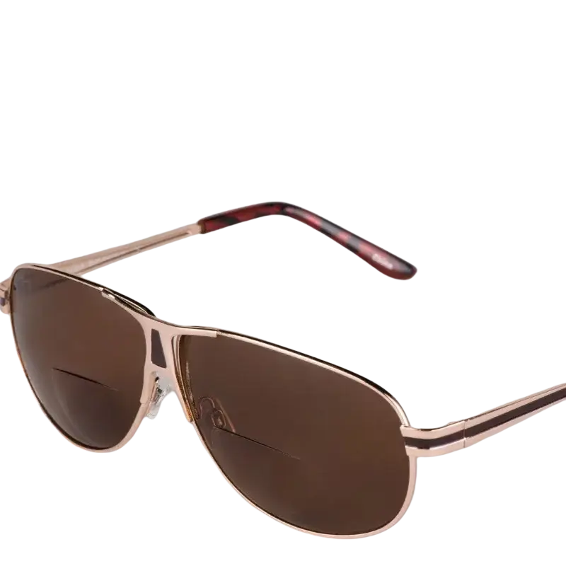 Polarized bifocal aviator reading sunglasses with rose gold frame brown tinted lenses and tortoiseshell temple tips