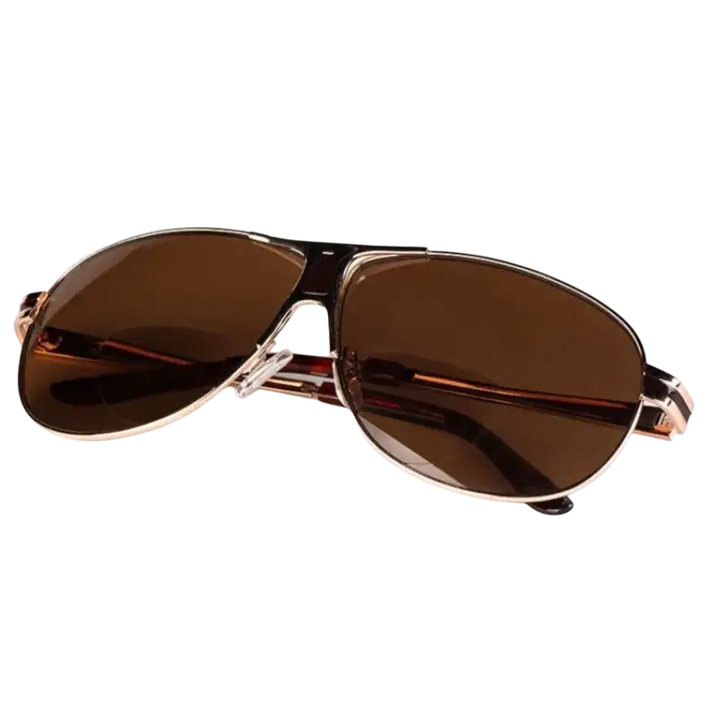 Polarized bifocal aviator reading sunglasses with brown lenses and a metallic frame with rose gold accents