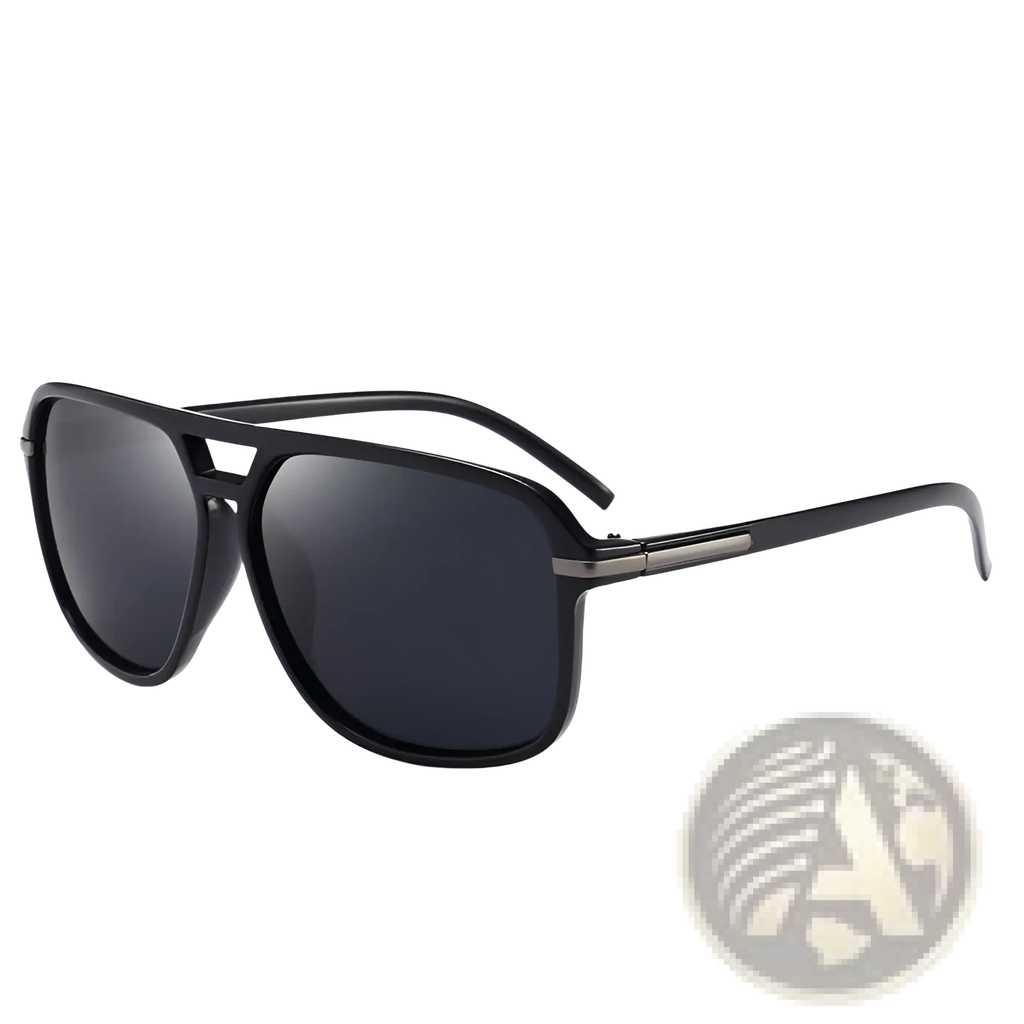 Black aviator sunglasses with polarized blue mirrored lenses and uv protection featuring a sleek modern frame