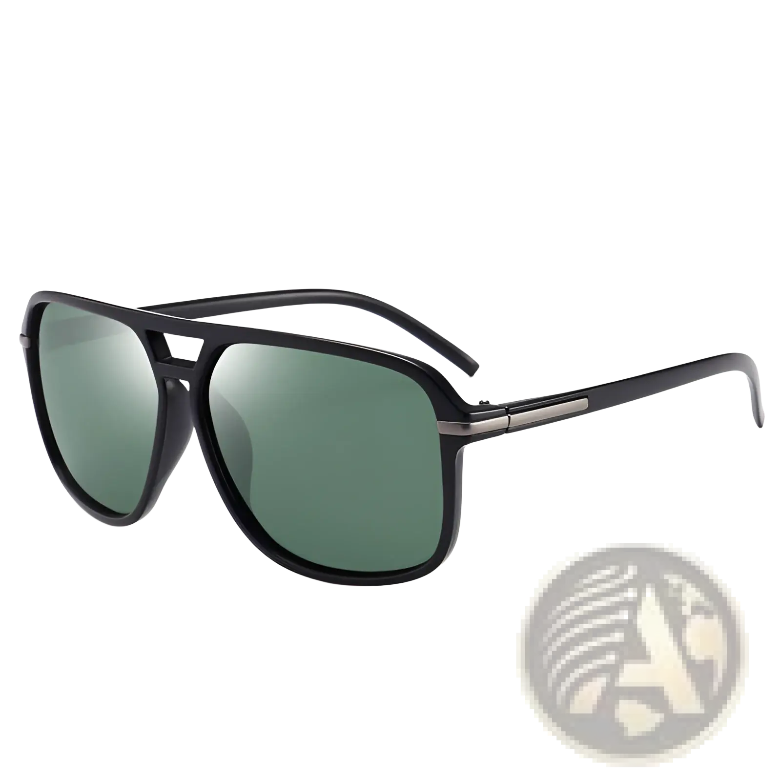 Black aviator sunglasses with green mirrored lenses featuring polarized uv protection and a sleek modern design