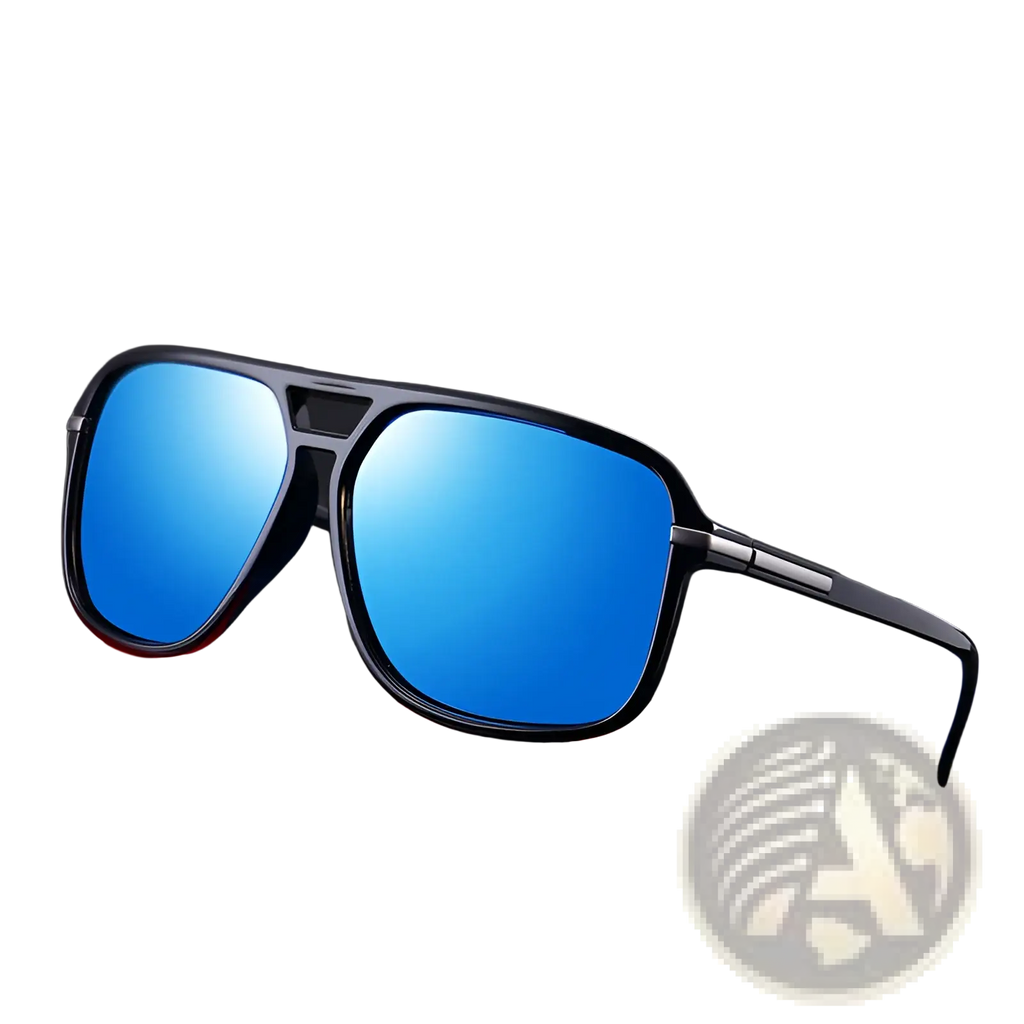 Black-framed aviator sunglasses with polarized blue mirrored lenses and uv protection for outdoor use