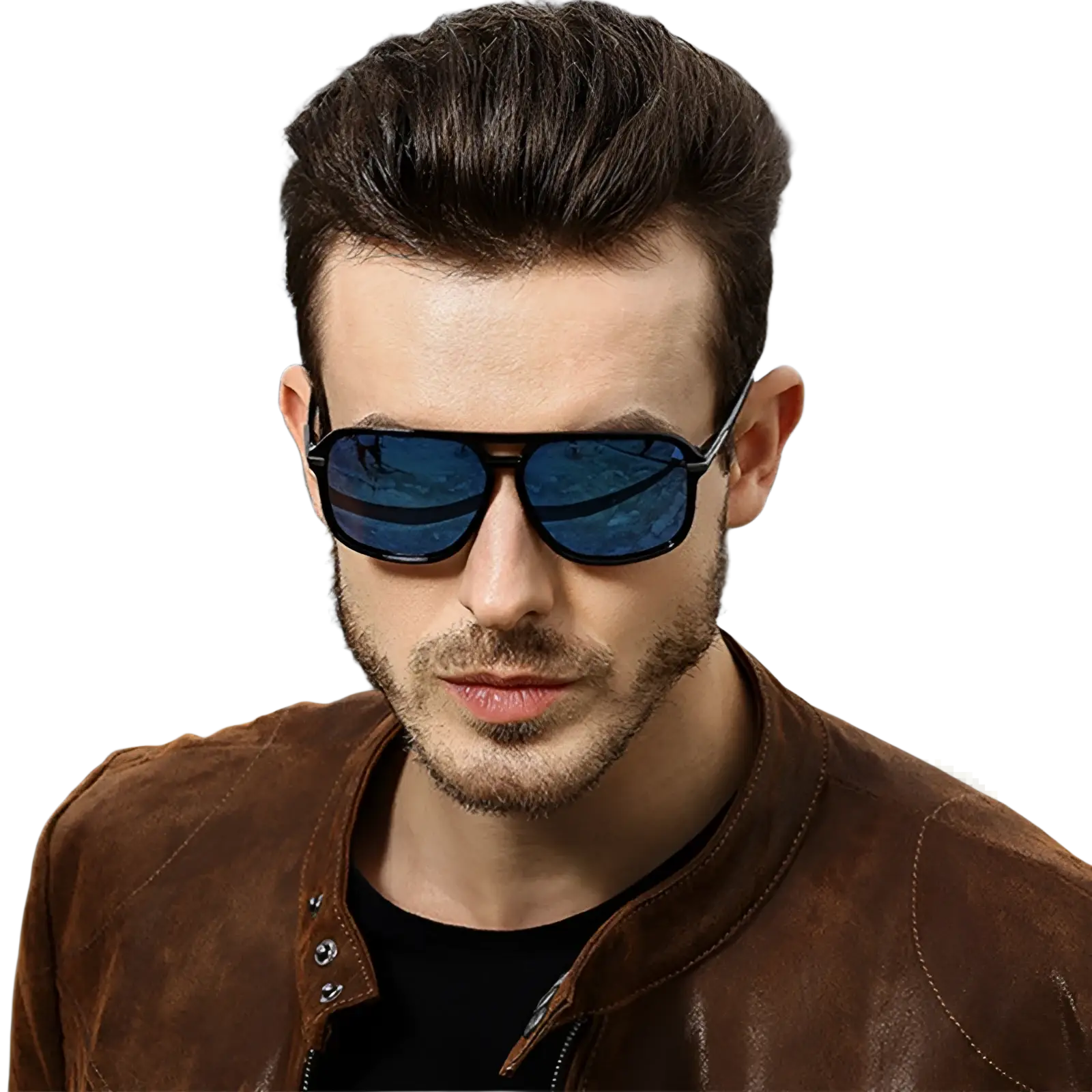 Black-framed polarized aviator sunglasses with reflective blue mirrored lenses and uv protection
