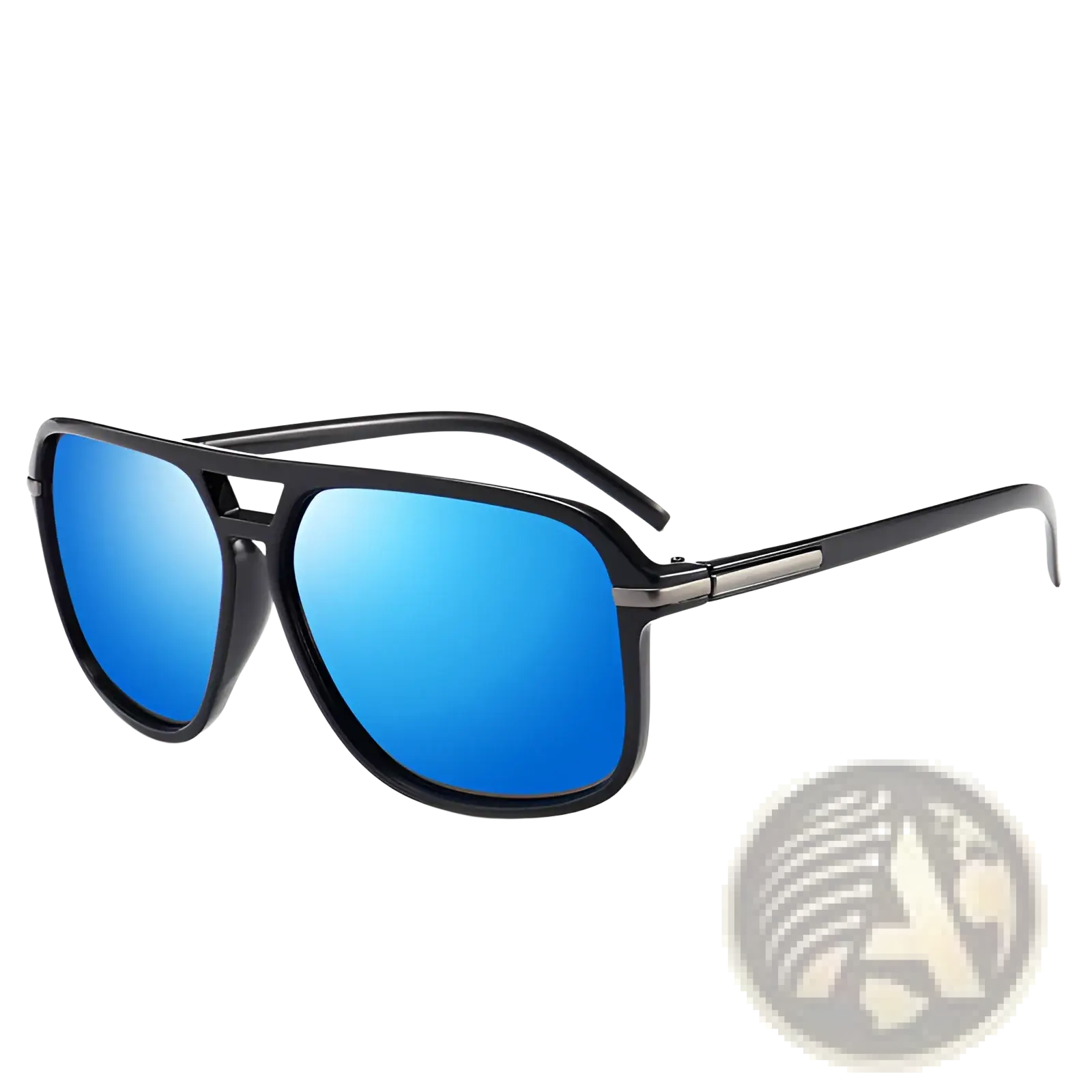 Black aviator sunglasses with polarized blue mirrored lenses and metallic accents offering UV protection