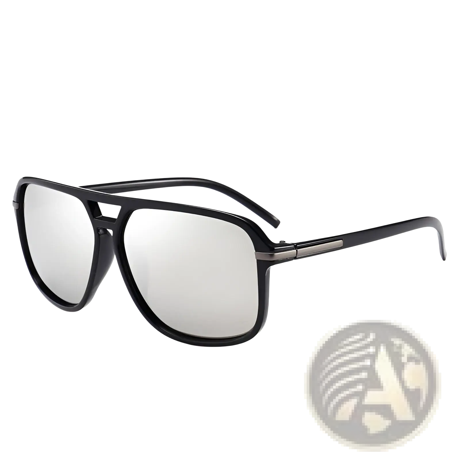 Black aviator sunglasses with polarized blue mirrored silver lenses and uv protection in a sleek design