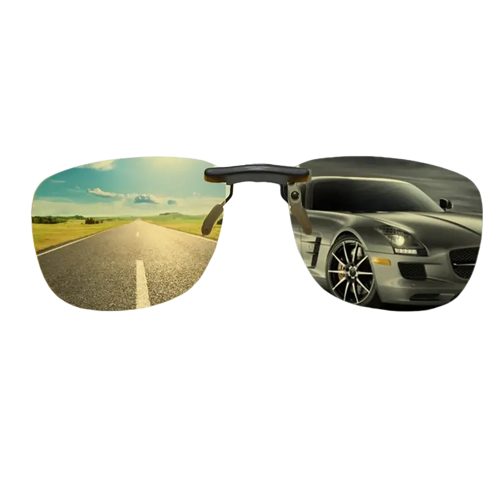 Adjustable polarized clip on night vision sunglasses with sleek black frame and day and night mode lenses