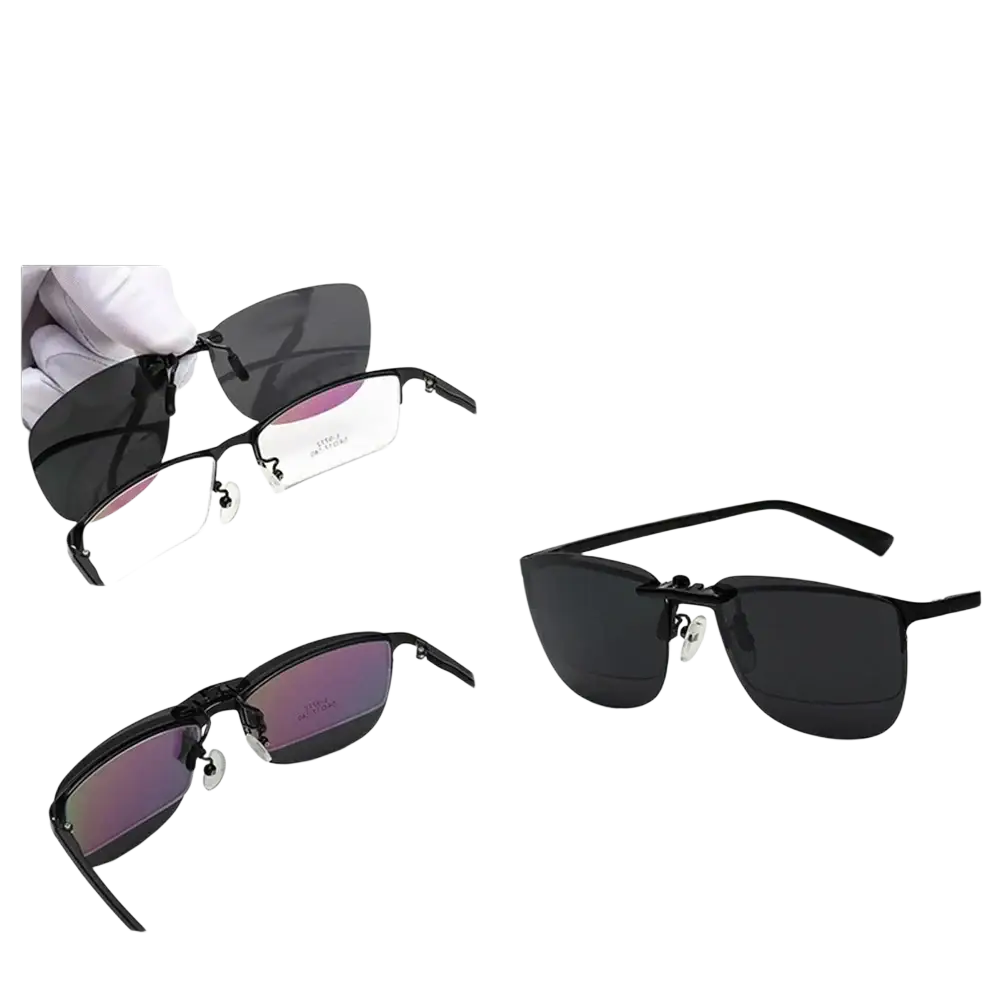 Black polarized clip on night vision sunglasses with dark tinted lenses and a sleek modern design