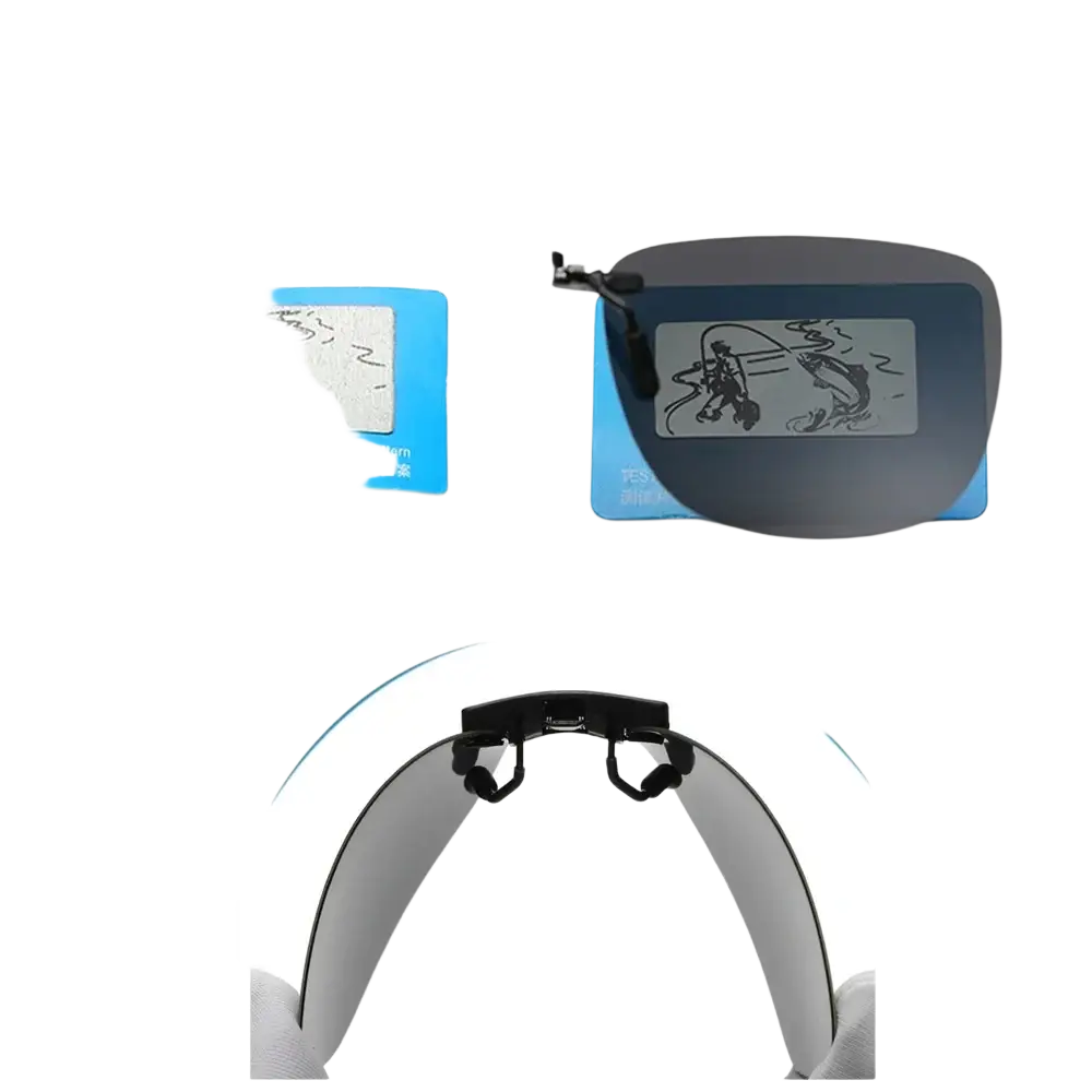 Black polarized clip-on sunglasses with sleek curved design and adjustable temple arms for night vision use