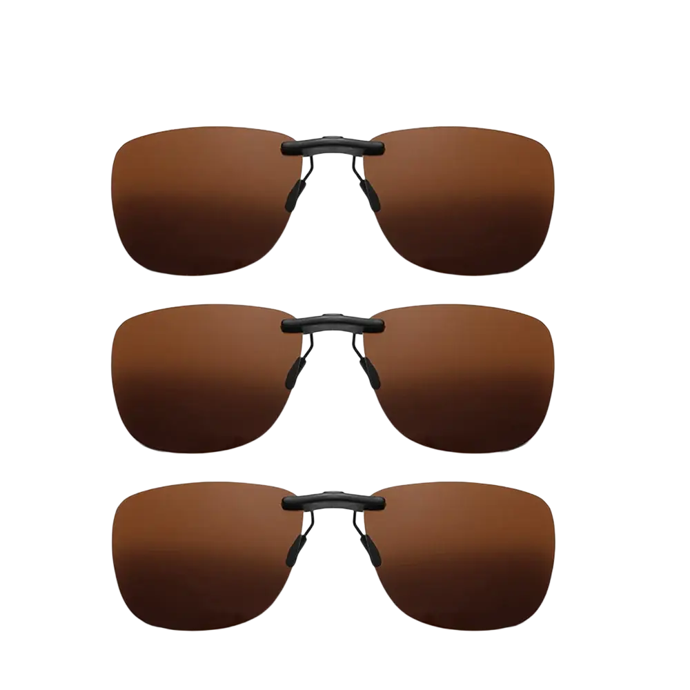Brown polarized clip on night vision sunglasses with sleek gradient tint and black plastic frames