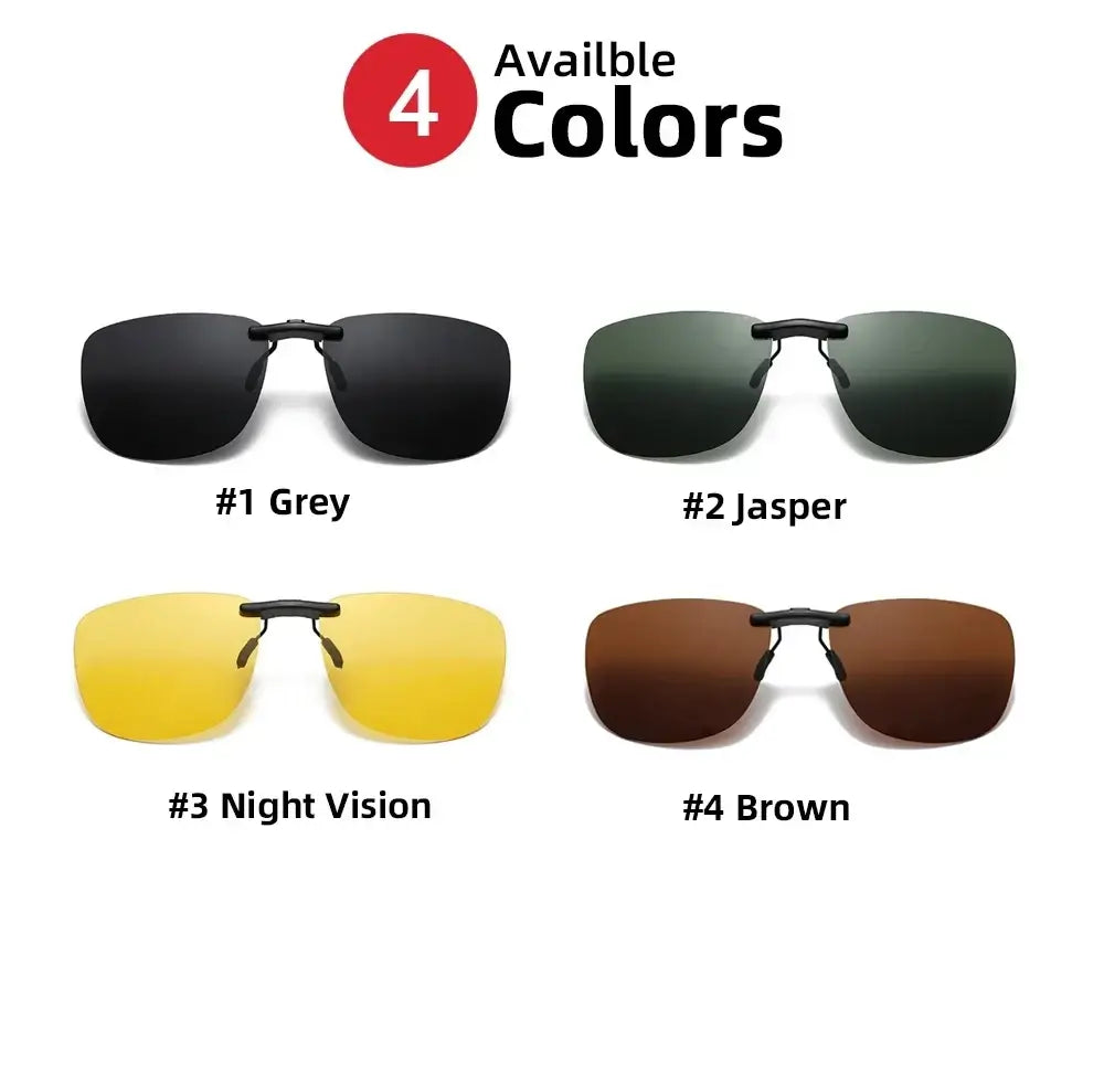 Polarized clip on night vision sunglasses available in four colors with sleek frames and gradient tinted lenses
