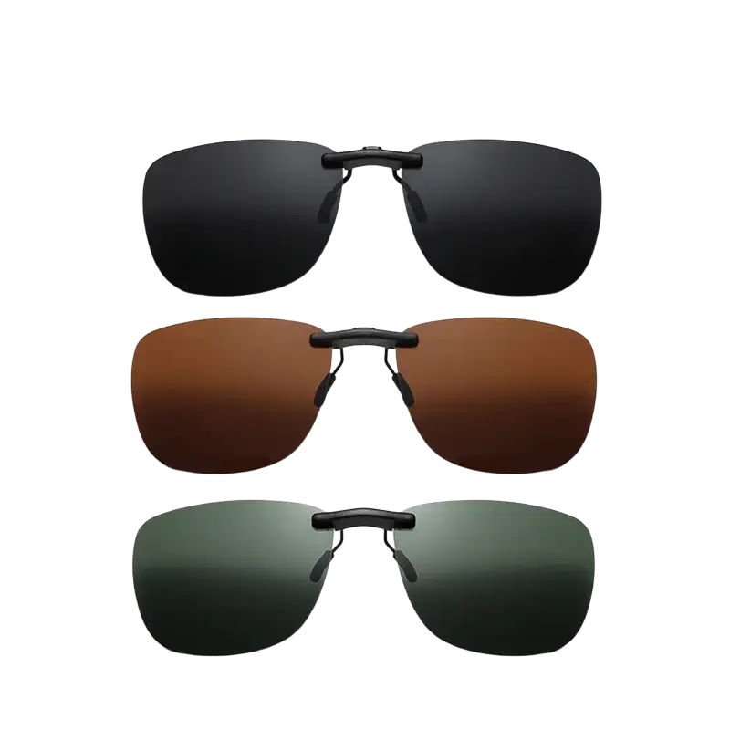 Set of three polarized clip-on night vision sunglasses with gradient grey, brown, and jasper lenses for eye protection