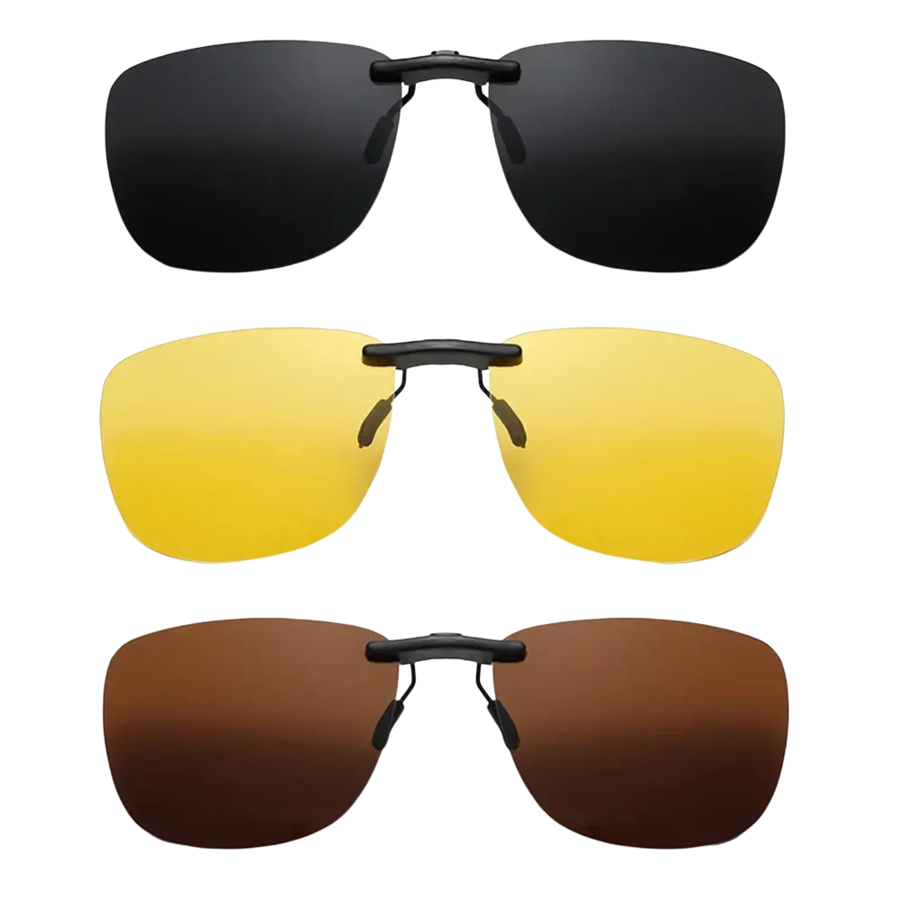 Set of three polarized clip on night vision sunglasses with black frames and gradient black yellow and brown lenses