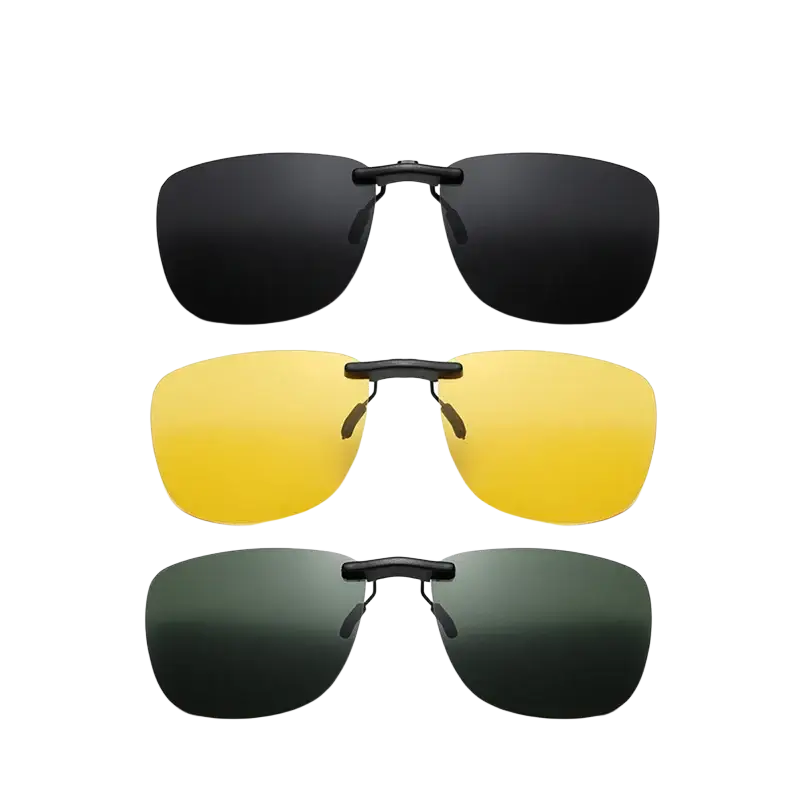Set of three polarized clip-on night vision sunglasses with gray yellow and green tinted lenses for enhanced visibility