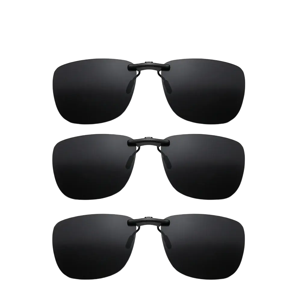 Set of three black rectangular matte clip-on sunglasses with polarized night vision lenses for enhanced visibility