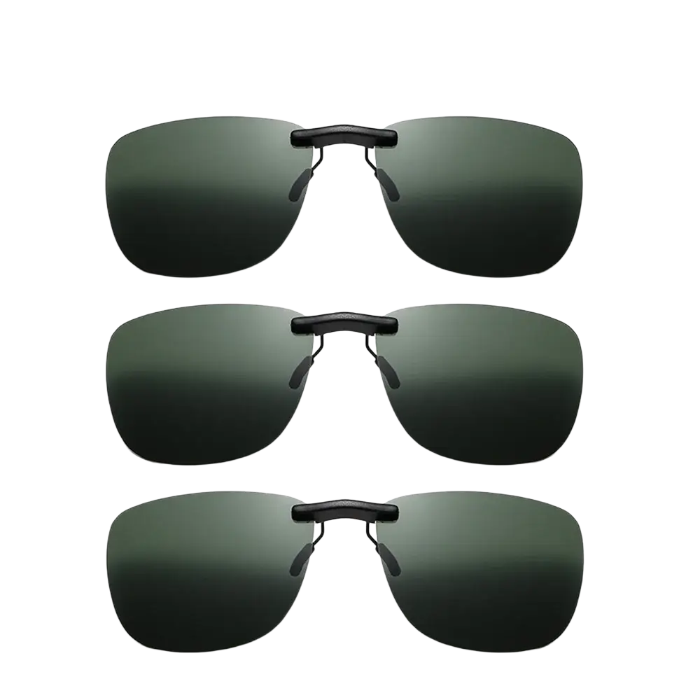 Set of three dark green gradient polarized clip-on sunglasses with black metal frames for night vision use