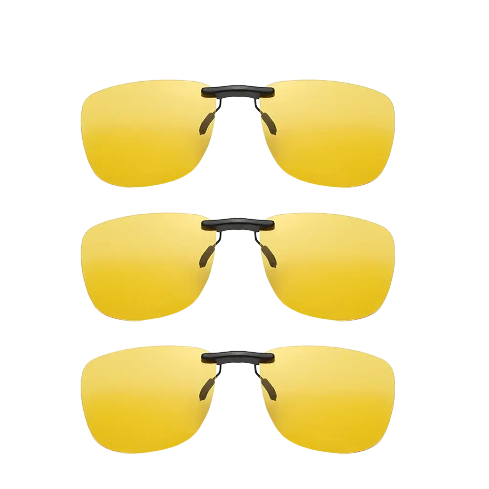 Set of three yellow-tinted polarized clip-on night vision glasses with black plastic frames for enhanced visibility
