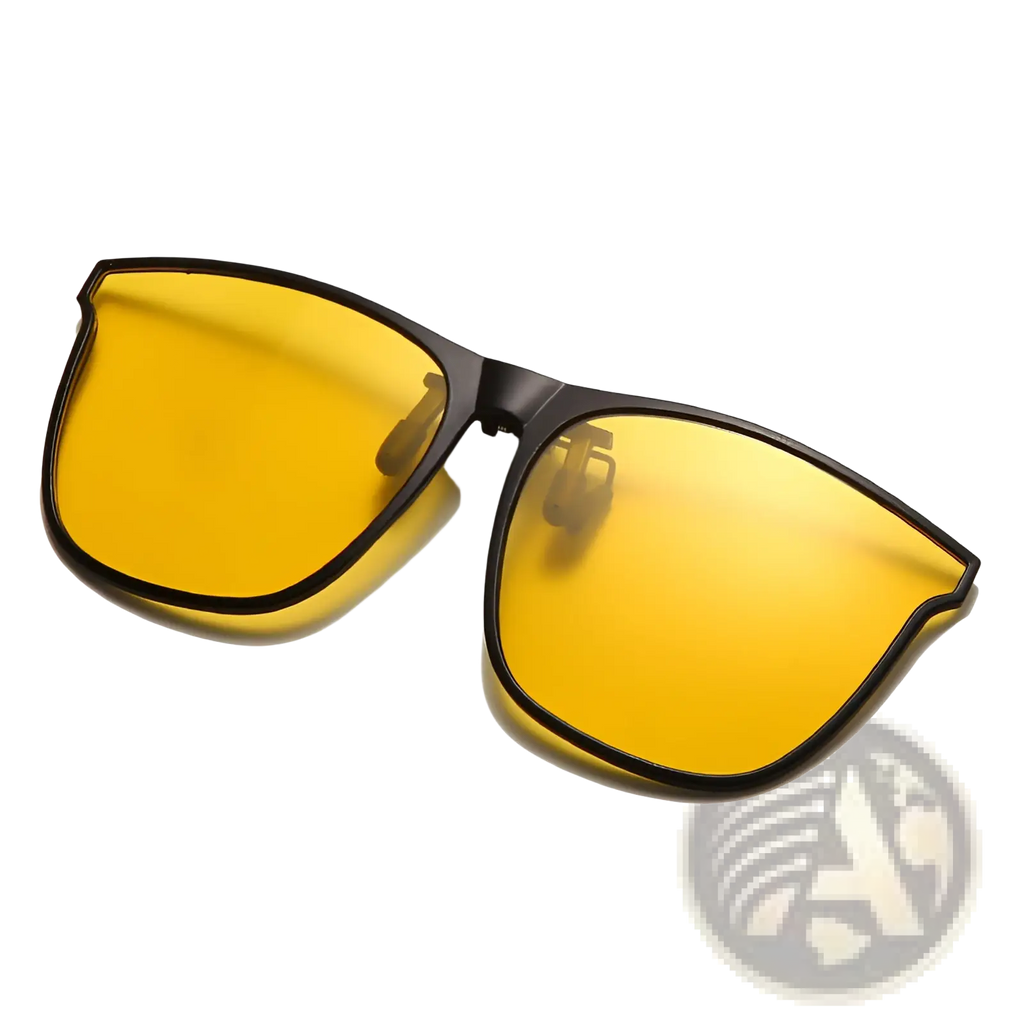 Black-framed polarized gradient photochromic magnetic clip-on sunglasses with vibrant yellow lenses for outdoor use