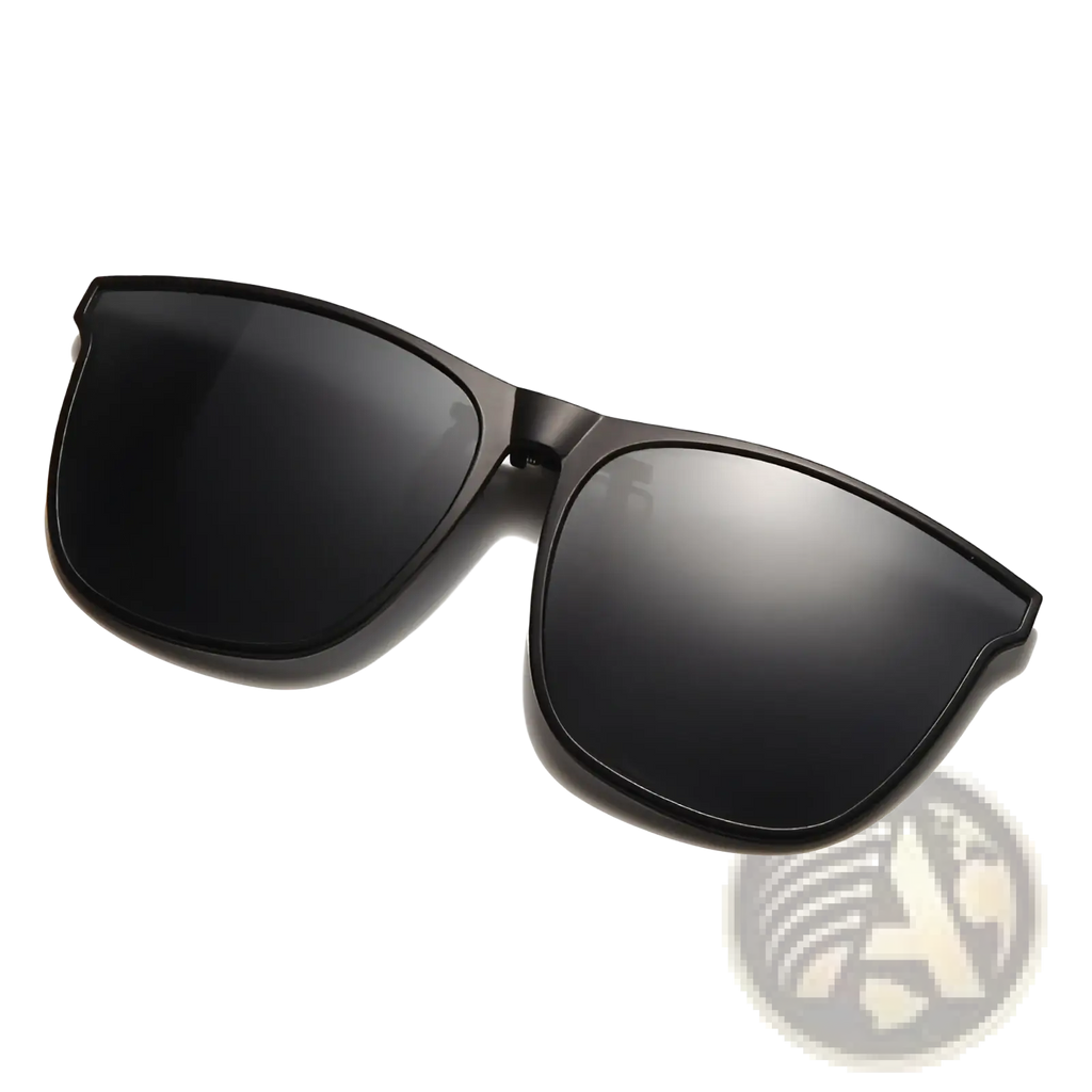 Black polarized gradient photochromic magnetic clip-on sunglasses with sleek rectangular frames and dark mirrored lenses