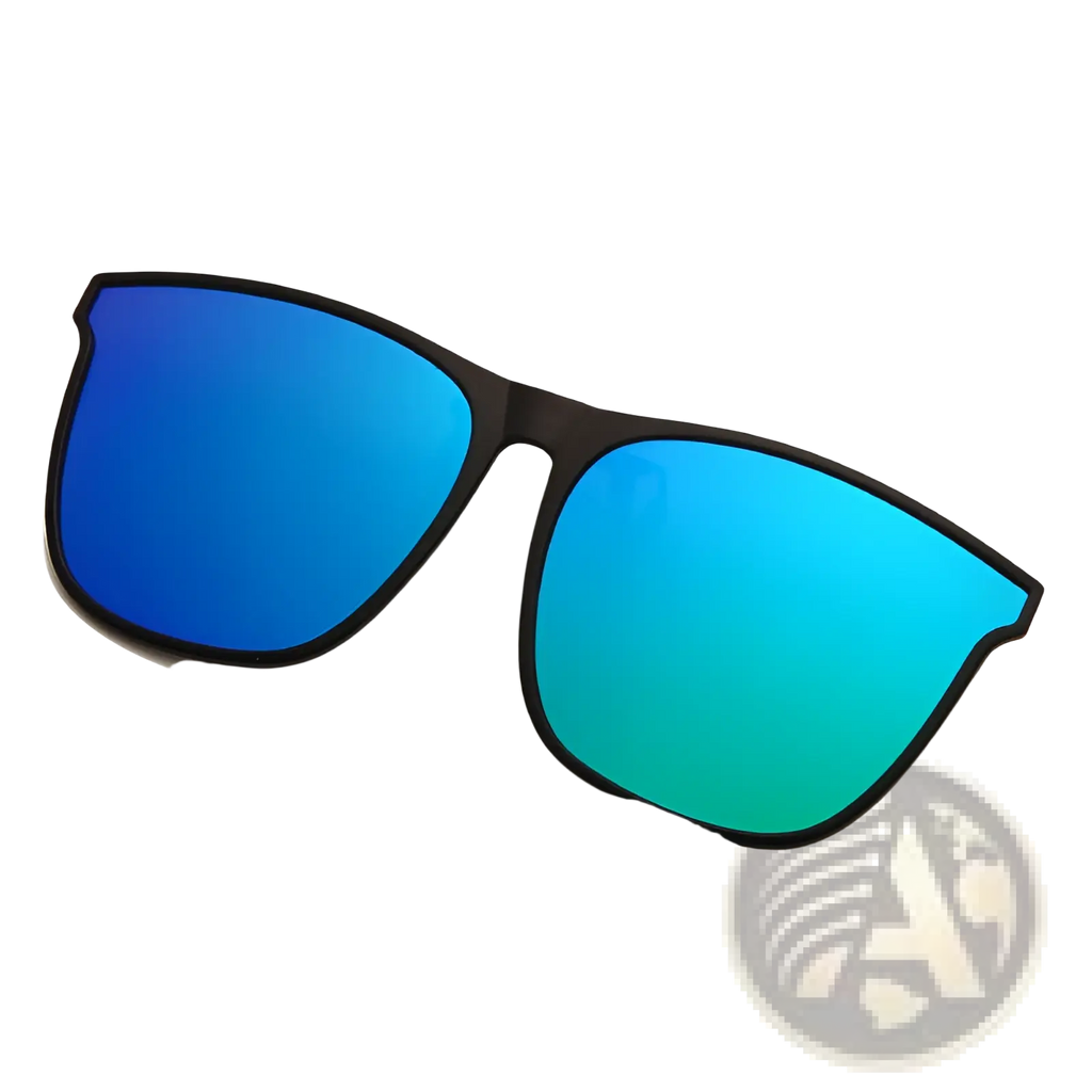 Black-framed polarized gradient photochromic magnetic clip on sunglasses with deep blue to teal mirrored lenses