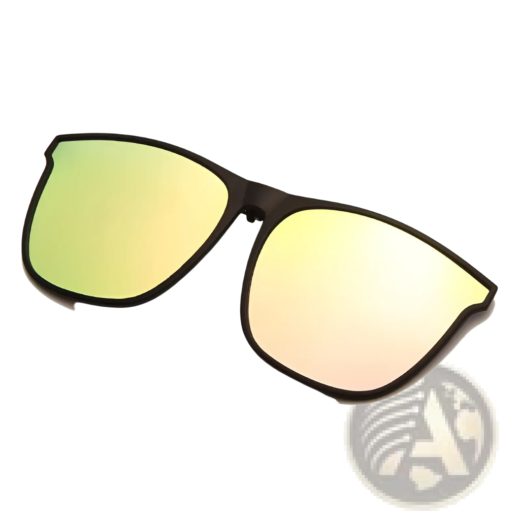 Black-framed polarized gradient photochromic magnetic clip on sunglasses with green to yellow mirrored lenses