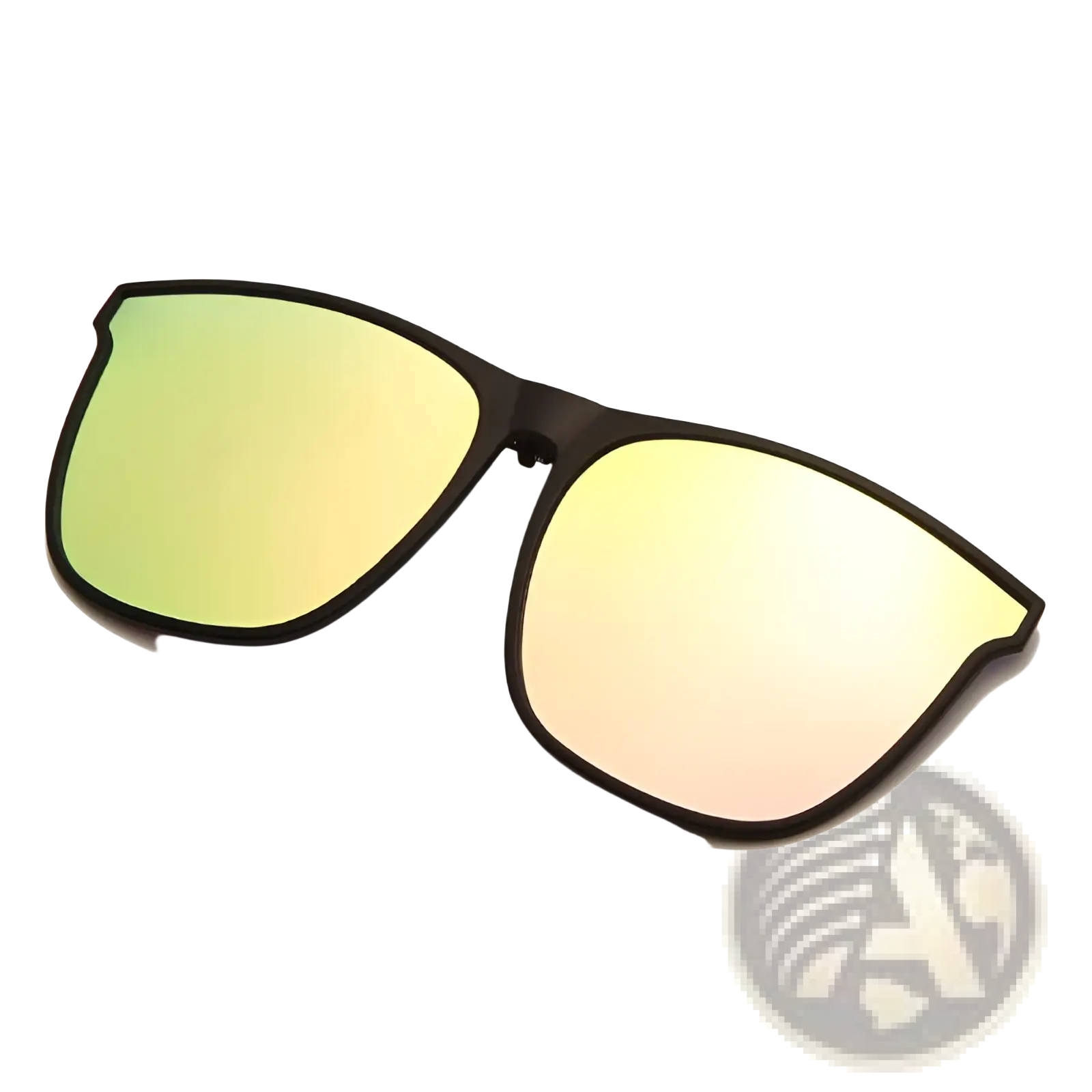 Black-framed polarized gradient photochromic magnetic clip on sunglasses with green to yellow mirrored lenses