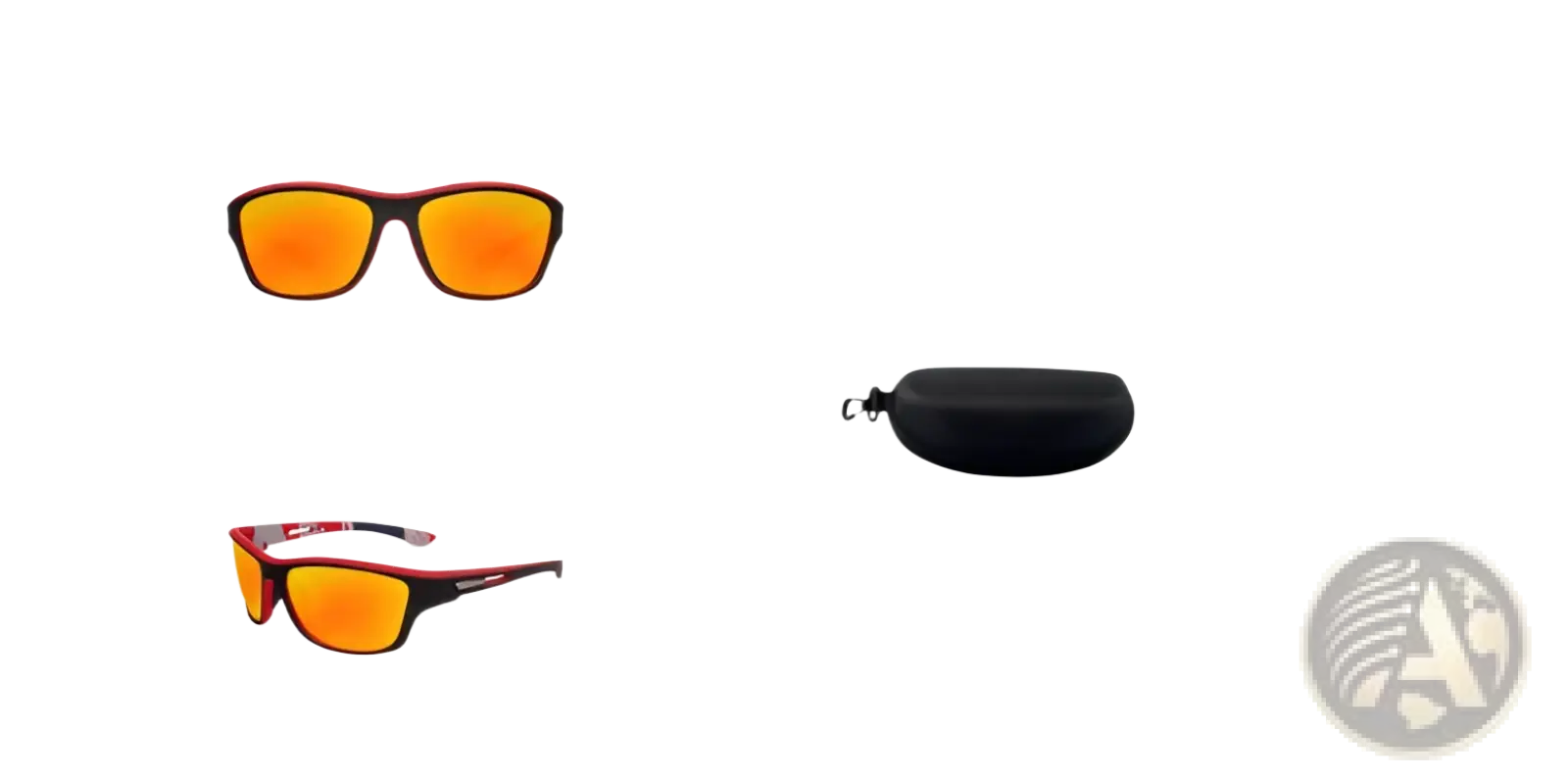Red and black polarized oval camouflage sport sunglasses with orange mirrored lenses designed for men