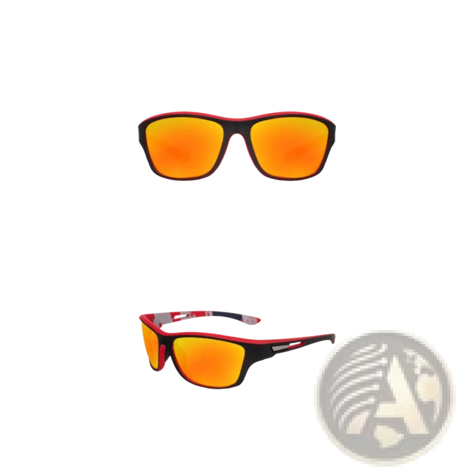 Polarized red and black men’s sport sunglasses with vibrant orange mirrored lenses designed for outdoor use