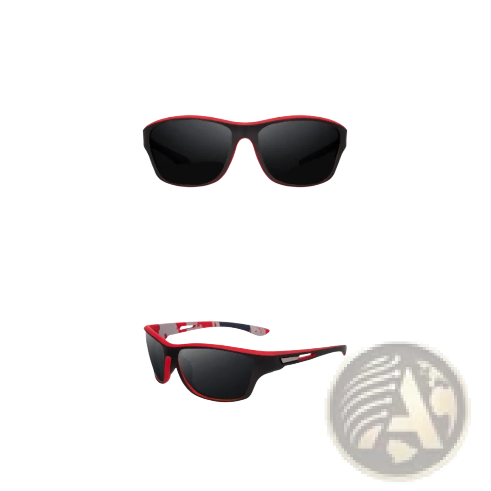 Red and black polarized oval sport sunglasses with dark mirrored lenses designed for men outdoor use