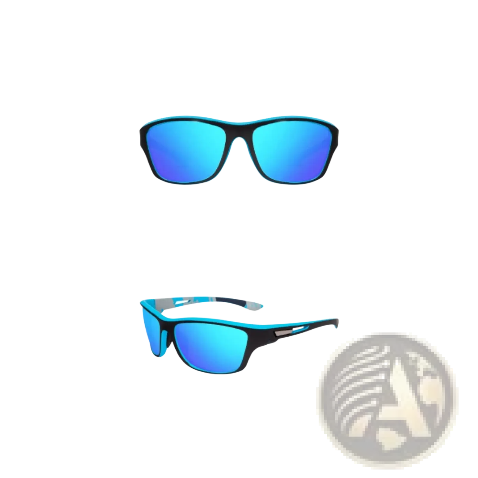 Polarized oval men’s sport sunglasses with blue mirrored lenses black frame and turquoise temple accents