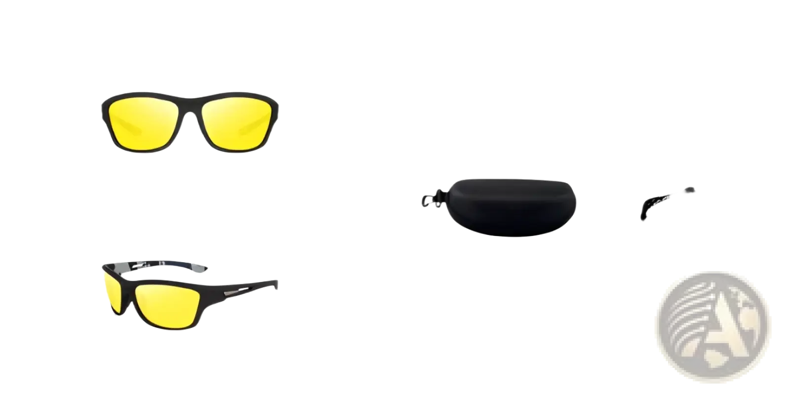 Black-framed polarized oval camouflage men’s sport sunglasses with vibrant yellow mirrored lenses shown front and side views